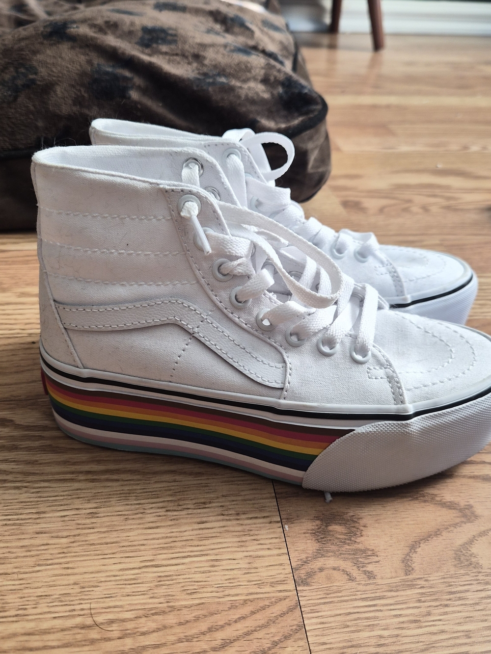 Vans White High-Top Sneakers with Rainbow Platform Stripe